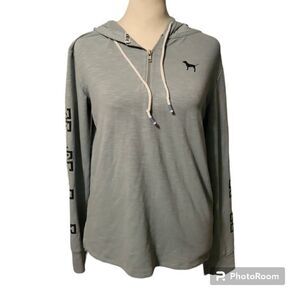 VICTORIA'S SECRET PINK PULL- OVER HOODIE LOGO ON SLEEVES, BACK, DOG ON FRONT- XS